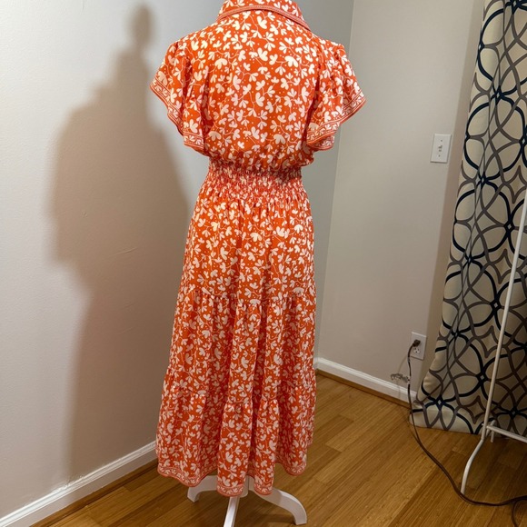 Max Studio London Tiered Midi Dress Women Size S Orange White Floral Excellent - Picture 2 of 10